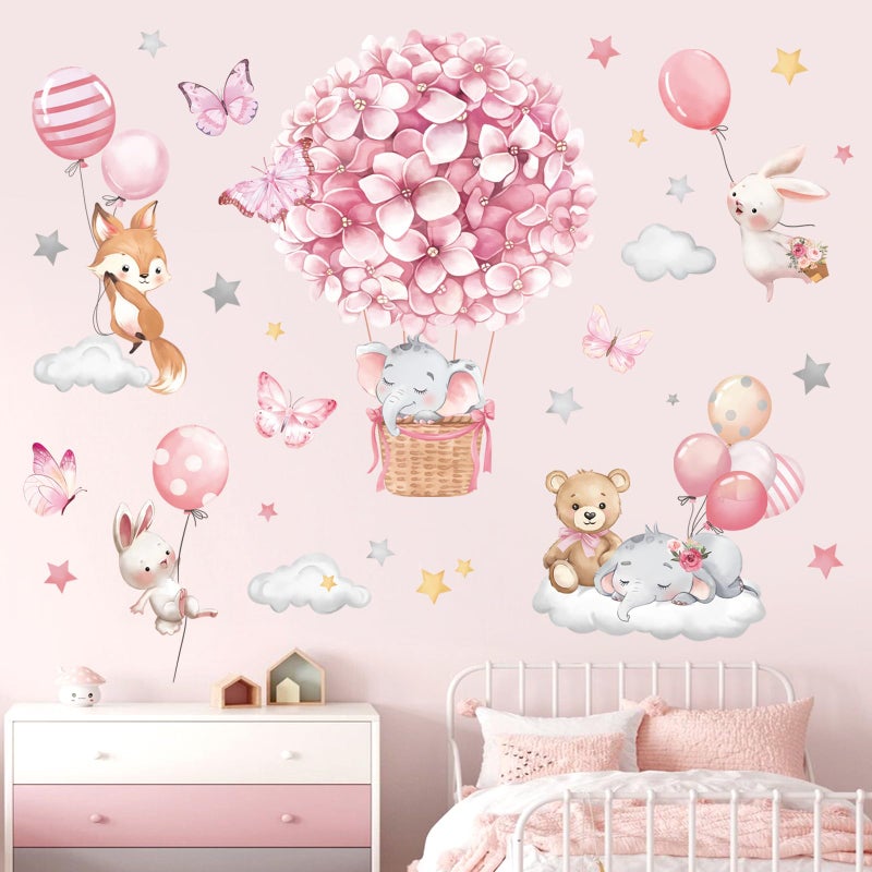 decalmile Animals Hot Air Balloon Wall Decals Flowers Balloons Elephant Bear Wall Stickers Baby Nursery Girls Bedroom Toddler Room Wall Decor - Image 1